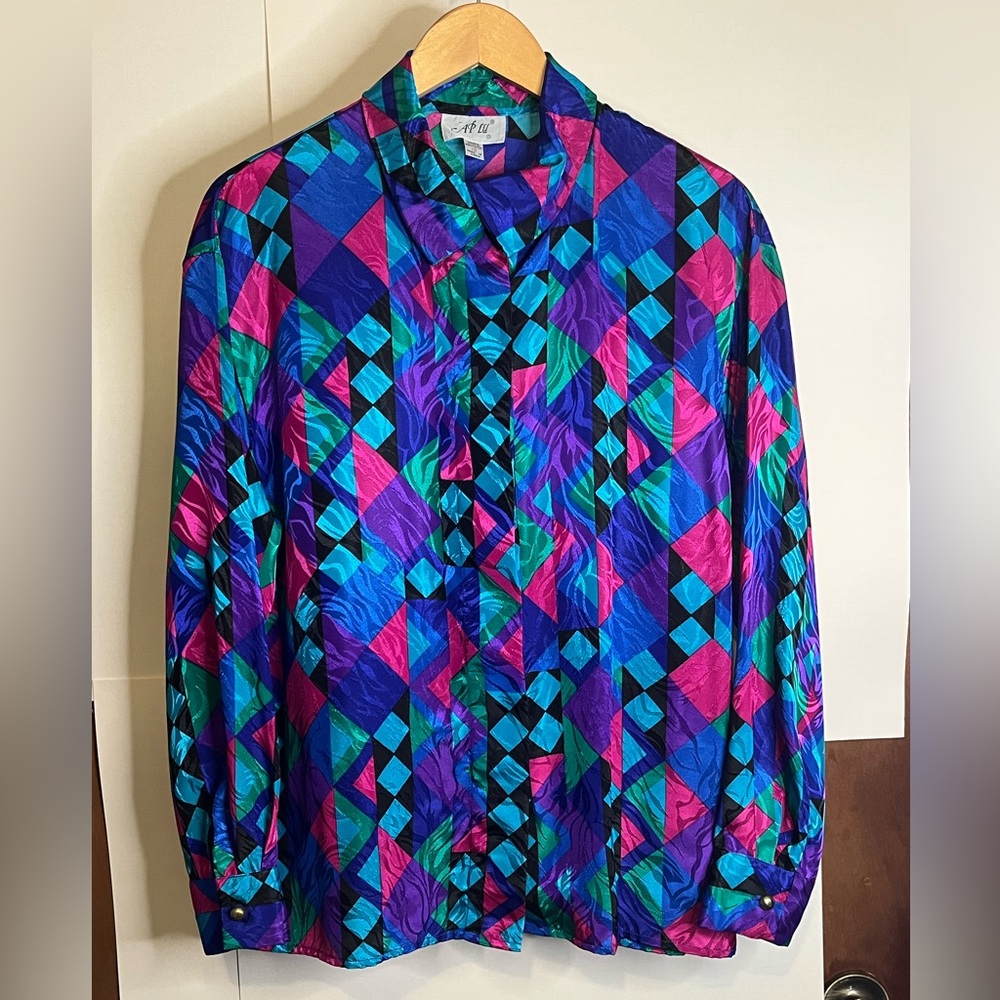 Retro 80s Harlequin Dopamine Button Down Polyester Blouse